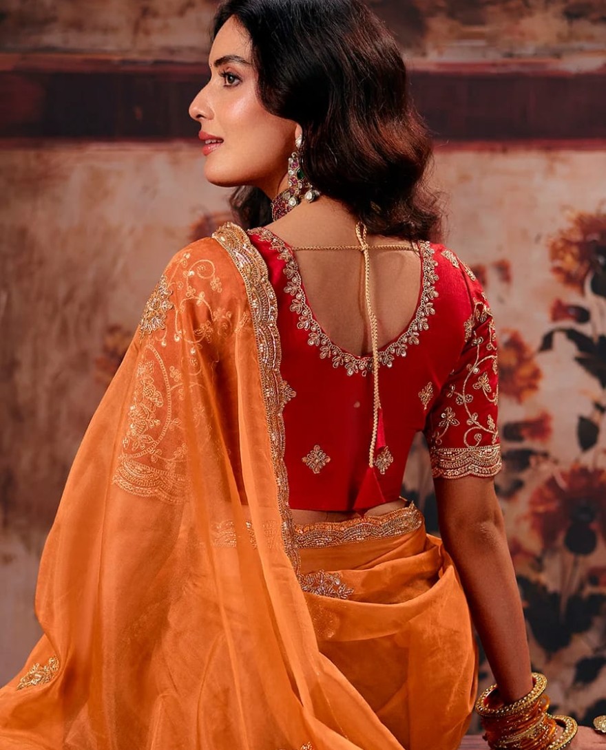 1006 - Orange & Red Designer Style Festive Wear Saree